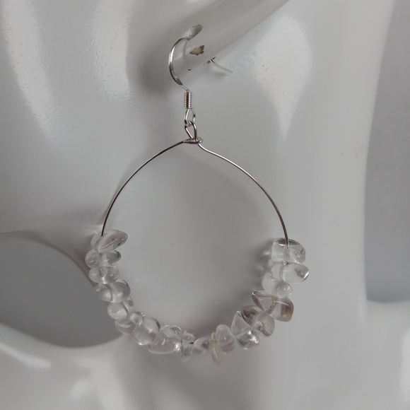 Hand Crafted Jewelry - White quartz stone chip earrings exposed hoop